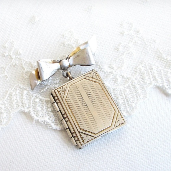 Sterling Silver Dangling Book Locket & Bow Pendant Brooch - 1 3/8" Tall - Picture 4 of 11